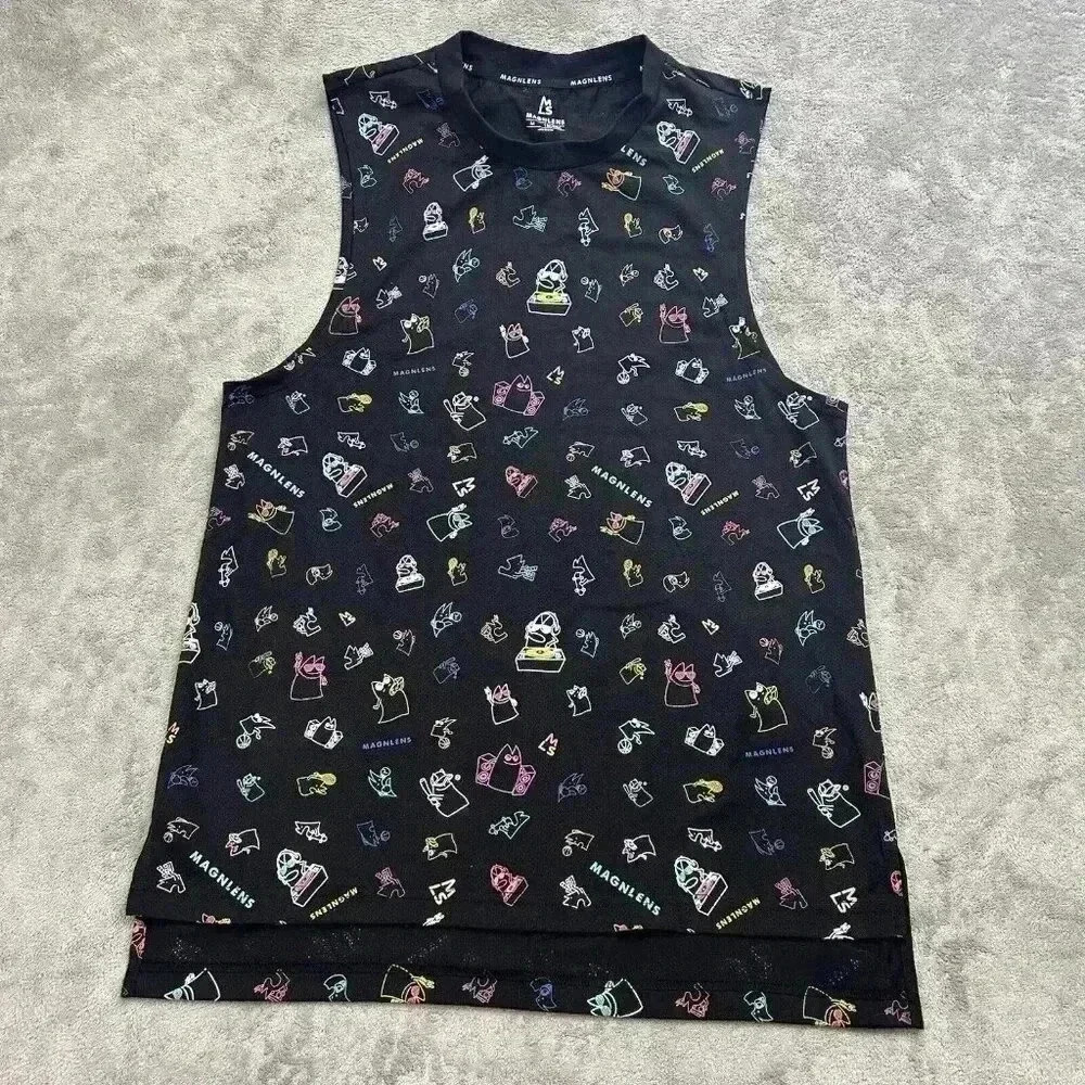 Magnlens Shirt Mens Medium Black Tank Top All Over Print Logo Workout Mesh Tee
